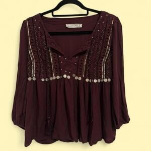 Abercrombie & Fitch Burgundy Blouse with silver coin details tassels size small